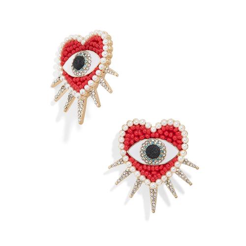 Zinc Alloy Stud Earring, with Seedbead & Plastic Pearl, Evil Eye, gold color plated, for woman & with rhinestone 