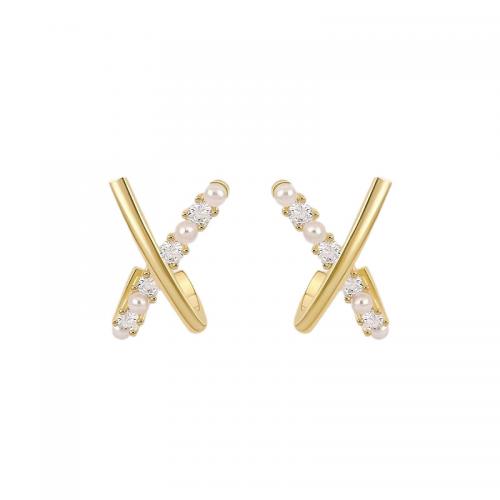 Seashell Earrings, Brass, with Pearl Oyster, 18K gold plated, fashion jewelry & micro pave cubic zirconia & for woman, golden 