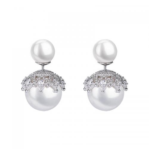 Seashell Earrings, Brass, with Pearl Oyster, fashion jewelry & micro pave cubic zirconia & for woman, white, big .5mm,small .8mm 