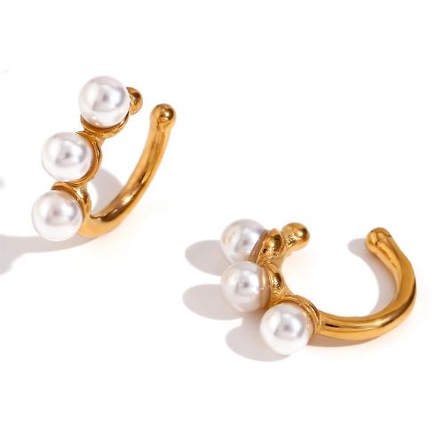 Stainless Steel Clip Earrings, 316L Stainless Steel, with Plastic Pearl, 18K gold plated, fashion jewelry & for woman 