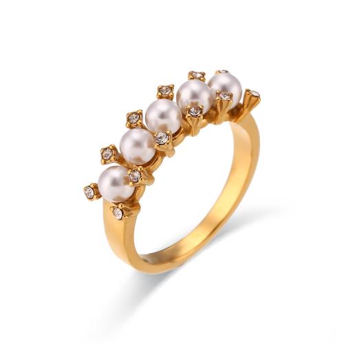 Cubic Zirconia Stainless Steel Finger Ring, 304 Stainless Steel, with Plastic Pearl, 18K gold plated, fashion jewelry & micro pave cubic zirconia & for woman 