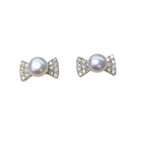 Freshwater Pearl Brass Earring, with Brass, Bowknot, fashion jewelry & micro pave cubic zirconia & for woman, white, pearl mm 