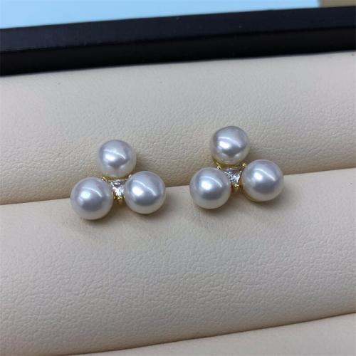 Freshwater Pearl Brass Earring, with Brass, Flower, fashion jewelry & for woman & with rhinestone, white, pearl mm 