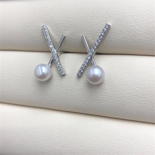Freshwater Pearl Brass Earring, with Brass, Letter X, fashion jewelry & for woman & with rhinestone, pearl mm 