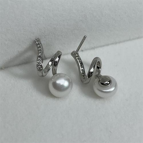Freshwater Pearl Brass Earring, with Brass, fashion jewelry & micro pave cubic zirconia & for woman, 18mm 