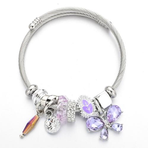 Stainless Steel  European Bracelets, 304 Stainless Steel, with Crystal & Zinc Alloy, Butterfly, silver color plated, fashion jewelry & for woman & enamel & with rhinestone Inner Approx 60mm 
