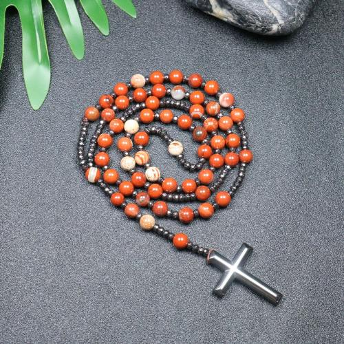 Rosary Necklace, Red Jasper, with Hematite, Cross, fashion jewelry & Unisex, mixed colors, 110mm Approx 78 cm 