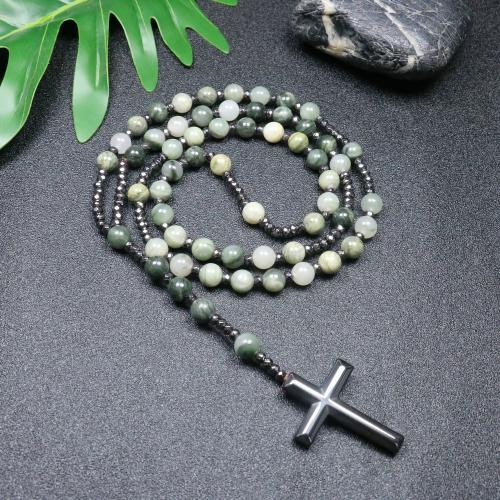 Rosary Necklace, Green Grass Stone, with Hematite, Cross, fashion jewelry & Unisex, mixed colors, 110mm Approx 78 cm 