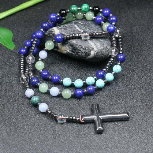 Rosary Necklace, Gemstone, with Hematite, Cross, fashion jewelry & Unisex, mixed colors, 110mm Approx 78 cm 