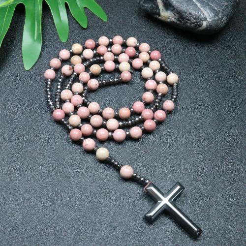 Rosary Necklace, Rhodochrosite, with Hematite, Cross, fashion jewelry & Unisex, mixed colors, 110mm Approx 78 cm 