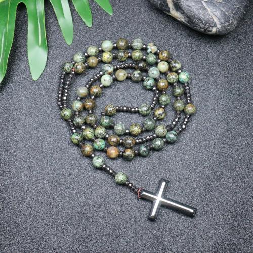 Rosary Necklace, African Turquoise, with Hematite, Cross, fashion jewelry & Unisex, mixed colors, 110mm Approx 78 cm 