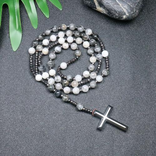 Rosary Necklace, Black Rutilated Quartz, with Hematite, Cross, fashion jewelry & Unisex, mixed colors, 110mm Approx 78 cm 