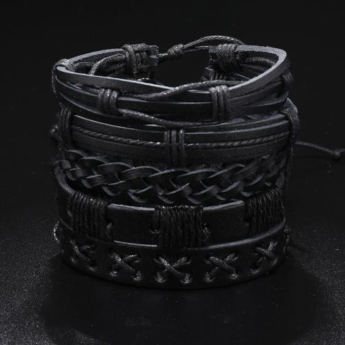 bracelet de cordon en PU , cuir PU, avec corde de cire, fait à la main, 5 pièces & multicouche & unisexe, noire Environ 17-24 cm, Vendu par fixé