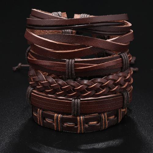 PU Leather Cord Bracelets, with Wax Cord, handmade, 6 pieces & Adjustable & multilayer & Unisex, brown Approx 17-24 cm 