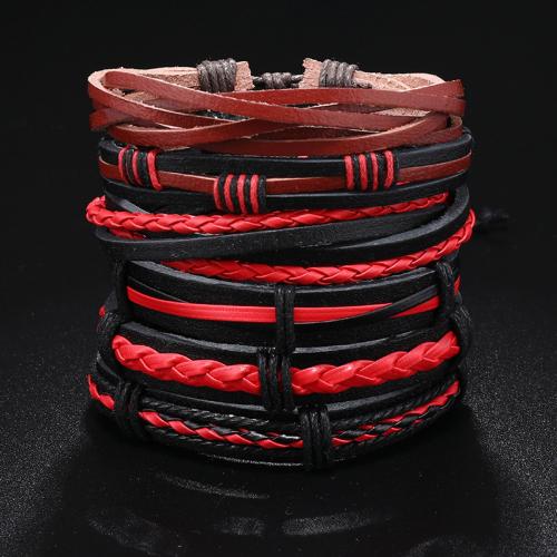 PU Leather Cord Bracelets, with Wax Cord, handmade, 6 pieces & Adjustable & multilayer & Unisex Approx 17-24 cm 