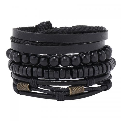 PU Leather Cord Bracelets, with Wax Cord & Wood & Zinc Alloy, handmade, 4 pieces & Adjustable & multilayer & Unisex, black Approx 17-24 cm 