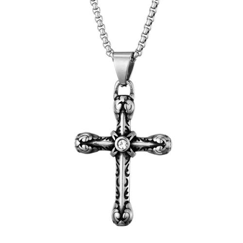 Titanium Steel Jewelry Necklace, Cross, polished & for man & with rhinestone Approx 23.62 Inch 