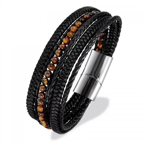 PU Leather Cord Bracelets, with Natural Stone & 304 Stainless Steel, vintage & Unisex 12mm cm 