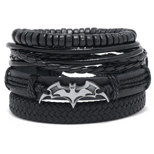 PU Leather Cord Bracelets, with Linen & Wax Cord & Zinc Alloy, Bat, vintage & 4 pieces & adjustable & for man, black 