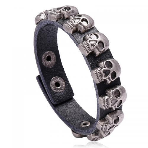 PU Leather Cord Bracelets, with Iron & Zinc Alloy, Skull, vintage & for man 15mm cm 