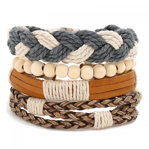 PU Leather Cord Bracelets, with Linen & Wax Cord & Wood, with 8-9cm*2 extender chain, vintage & 4 pieces & Unisex & adjustable Approx 17-18 cm 