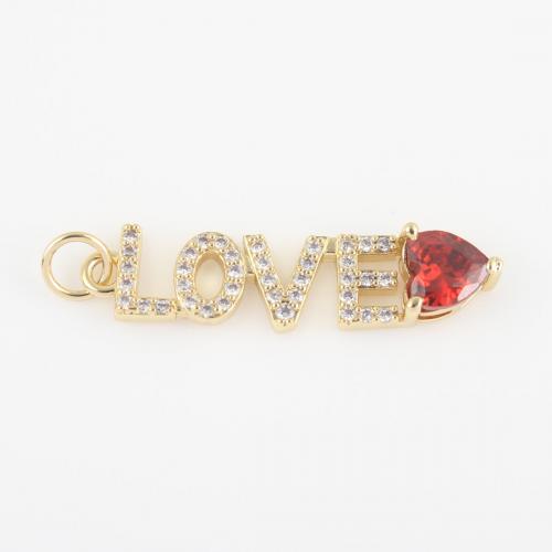 Cubic Zirconia Micro Pave Brass Pendant, Alphabet Letter, gold color plated, DIY & micro pave cubic zirconia, red [