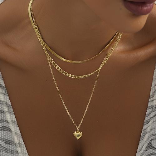 Fashion Multi Layer Necklace, Brass, with 7cm extender chain, Heart, plated, fashion jewelry, golden cm 