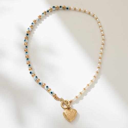 Gemstone Necklaces, Brass, with Natural Stone & Plastic Pearl, Heart, plated, fashion jewelry, golden cm 