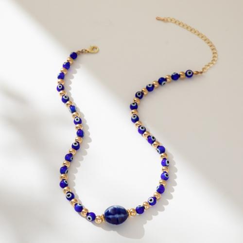 Evil Eye Schmuck Halskette, Messing, mit Naturstein & Porzellan, mit Verlängerungskettchen von 7cm, blöser Blick, plattiert, Modeschmuck, blau, Länge:37 cm, verkauft von PC