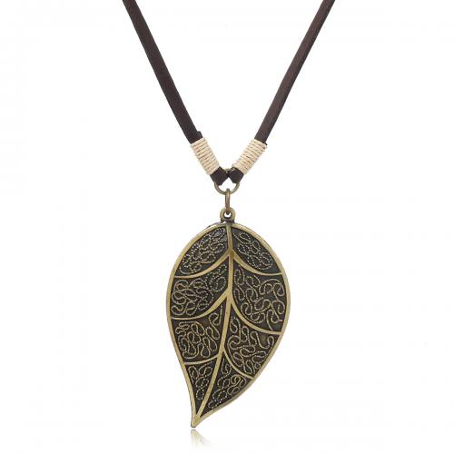 PU Leather Cord Necklace, with Wax Cord & Zinc Alloy, Leaf, handmade, vintage & Unisex, brown Approx 70 cm [