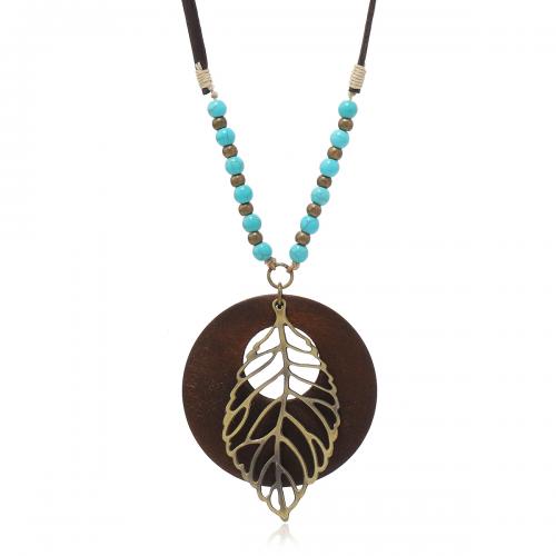 PU Leather Cord Necklace, with turquoise & Wax Cord & Wood & Zinc Alloy, Leaf, handmade, vintage & Unisex & hollow, brown Approx 70 cm [