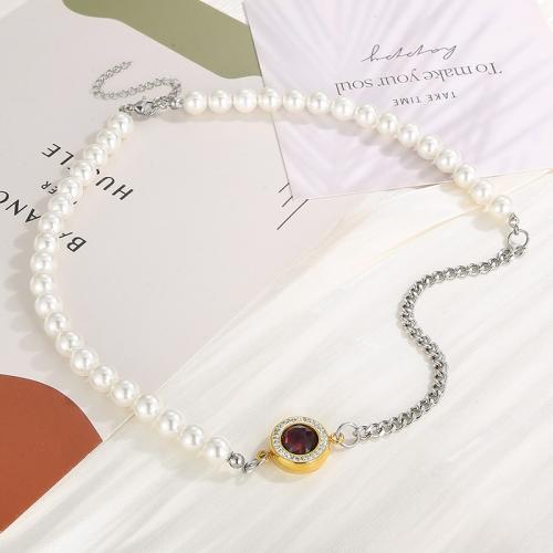 Stainless Steel Jewelry Necklace, 304 Stainless Steel, with Glass Rhinestone & Plastic Pearl, with 8mm extender chain, plated, fashion jewelry & for woman Approx 450 mm 