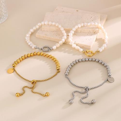 Stainless Steel Chain Bracelets, 304 Stainless Steel, with Plastic Pearl, plated, fashion jewelry & for woman 