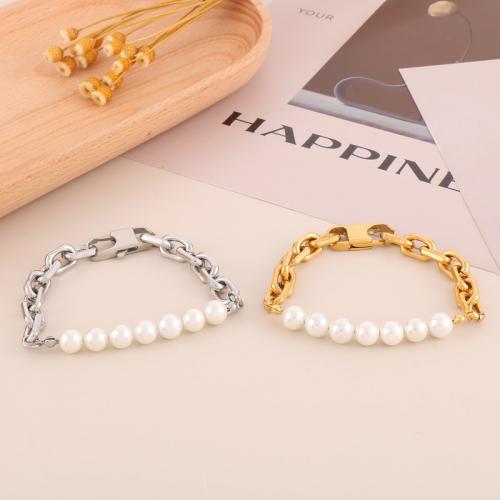 Stainless Steel Chain Bracelets, 304 Stainless Steel, with Plastic Pearl, plated, fashion jewelry & for woman Approx 200 mm 