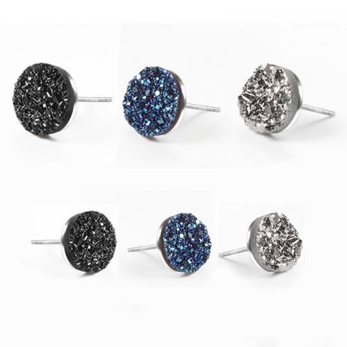 925 Sterling Silver Stud Earring, with Quartz, Round, druzy style & Unisex 