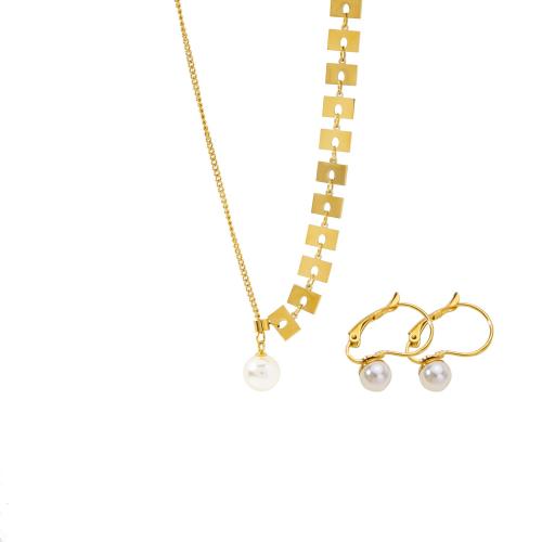 Fashion Stainless Steel Jewelry Sets, 316 Stainless Steel, earring & necklace, with Plastic Pearl, with 5cm extender chain, Vacuum Ion Plating, 2 pieces & fashion jewelry & for woman, golden cm 