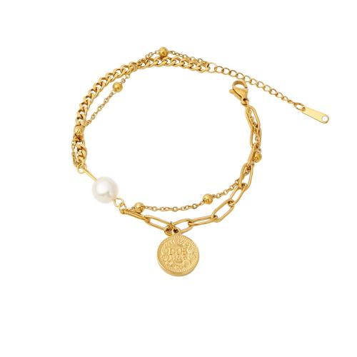 Stainless Steel Charm Bracelet, 316 Stainless Steel, with Plastic Pearl, with 5cm extender chain, Vacuum Ion Plating, fashion jewelry & for woman, golden Approx 17 cm 