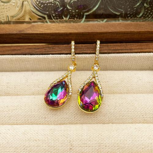 Rhinestone Brass Drop Earring, with Glass Rhinestone, 18K gold plated, fashion jewelry & micro pave cubic zirconia & for woman 