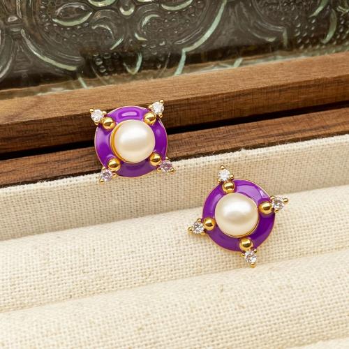 Freshwater Pearl Brass Earring, with Freshwater Pearl, 18K gold plated, fashion jewelry & for woman & with rhinestone 