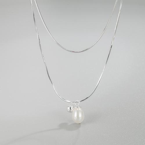 Sterling Silver Jewelry Necklace, 925 Sterling Silver, with Freshwater Pearl, with 1.97inch extender chain, Double Layer & fashion jewelry & for woman Approx 15.74 Inch, Approx 17.71 Inch 