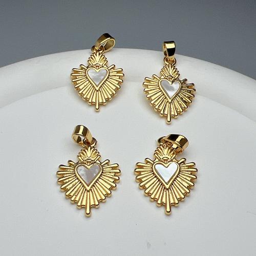 Brass Heart Pendants, with White Shell, gold color plated, fashion jewelry & DIY, golden 