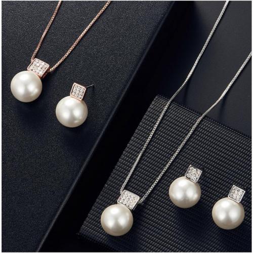 Fashion Zinc Alloy Jewelry Sets, Stud Earring & necklace, with Plastic Pearl, with 1.97inch extender chain, 2 pieces & for woman & with rhinestone earring 16*12mm Approx 15.75 Inch 
