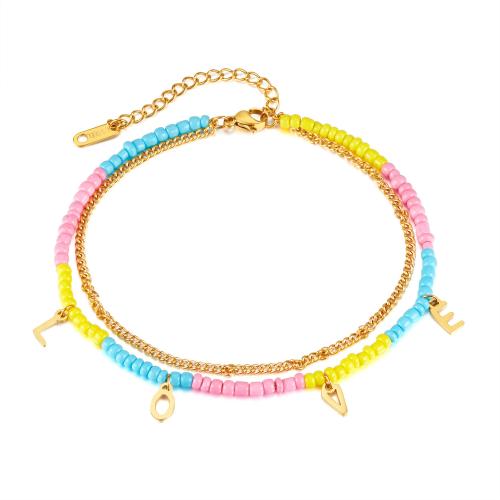 Stainless Steel Anklets Jewelry, 304 Stainless Steel, with Seedbead, with 6.5cm extender chain, Alphabet Letter, Vacuum Ion Plating, Double Layer & Bohemian style & for woman, mixed colors cm 