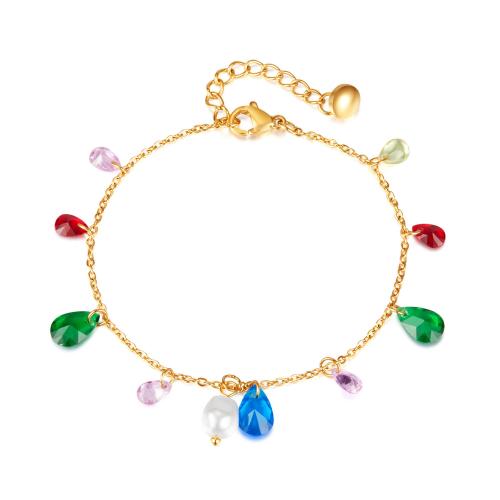Stainless Steel Charm Bracelet, 304 Stainless Steel, with Plastic Pearl & Acrylic, with 4cm extender chain, Teardrop, Vacuum Ion Plating, Bohemian style & for woman, mixed colors .5 cm [