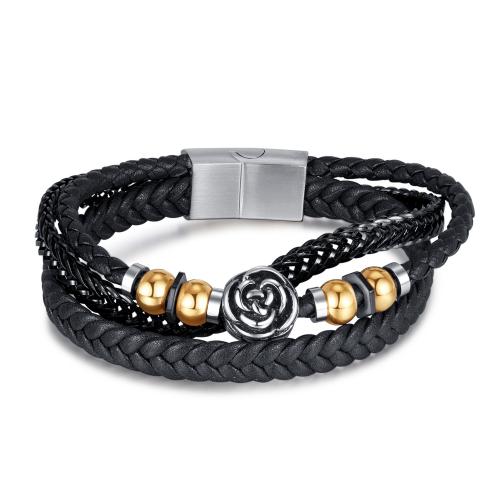 PU Leather Cord Bracelets, with 304 Stainless Steel, Rose, Vacuum Ion Plating, vintage & multilayer & for man, black mm 