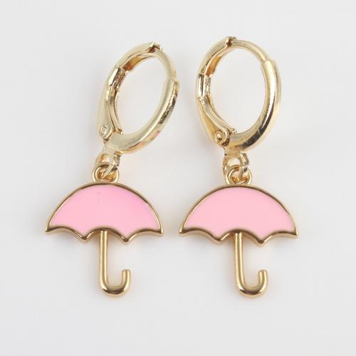Brass Drop Earring, Umbrella, gold color plated, for woman & enamel, pink 