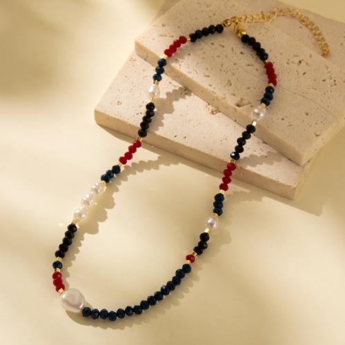 Kristall Halskette, Messing, mit Kristall & Kunststoff Perlen, mit Verlängerungskettchen von 7cm, plattiert, Modeschmuck, goldfarben, Länge:37 cm, verkauft von PC