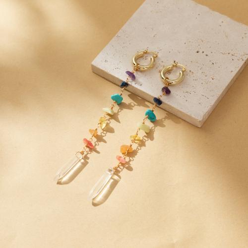 Boucle d'oreille en demi-gemme , laiton, avec Pierre naturelle, Placage, bijoux de mode, multicolore Vendu par PC