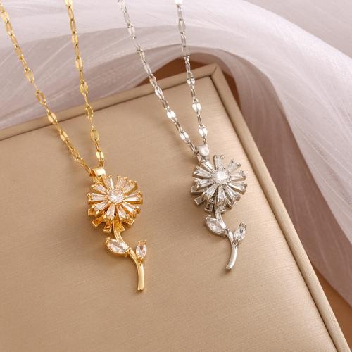 304 Stainless Steel Necklace, Sunflower, plated, wave chain & rotatable & micro pave cubic zirconia & for woman Approx 17.7 Inch 