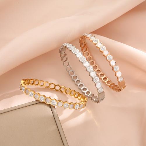 304 Stainless Steel Bangle, with White Shell, Hexagon, Vacuum Ion Plating, for woman & with rhinestone Inner Approx 55mm 